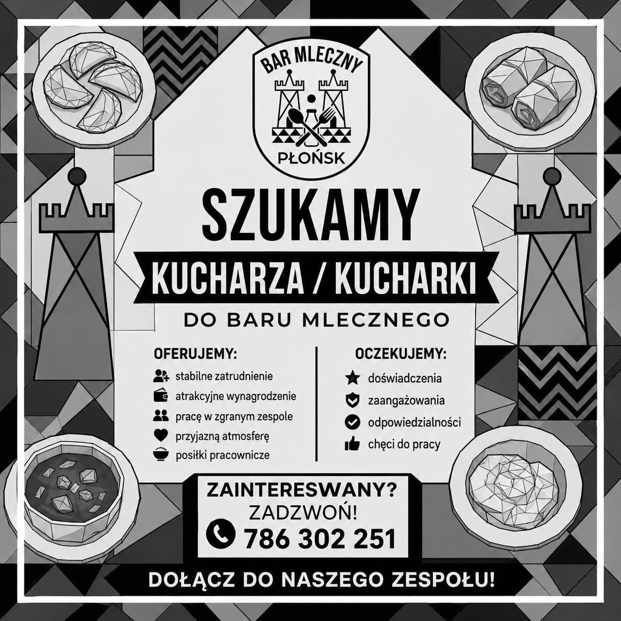 Plakat: Szukamy kucharza / kucharki do baru mlecznego